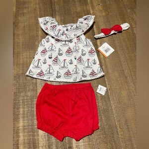 Little me Sailboat Print Baby Outfit with Red Bloomers NwT
